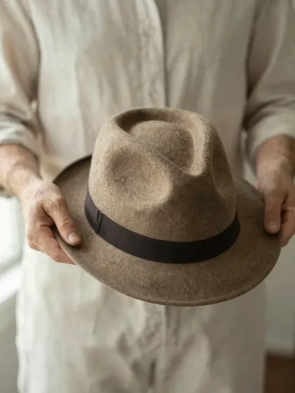 Hands holding a felt fedora