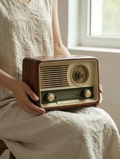 Hands holding a vintage radio