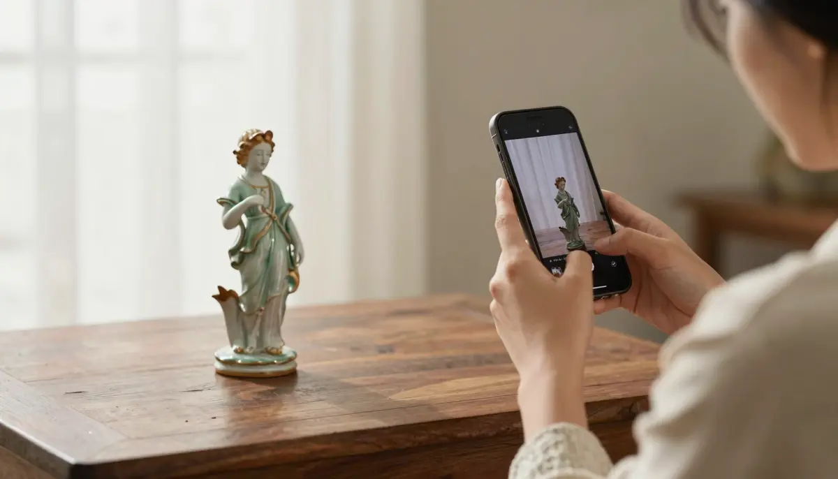 A person photographing an antique on a table with a phone
