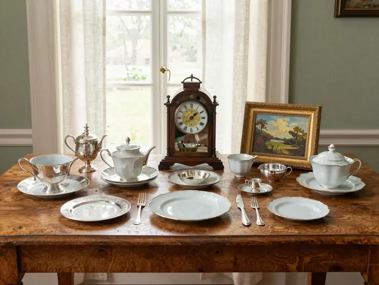 A curated collection of antiques arranged on a table