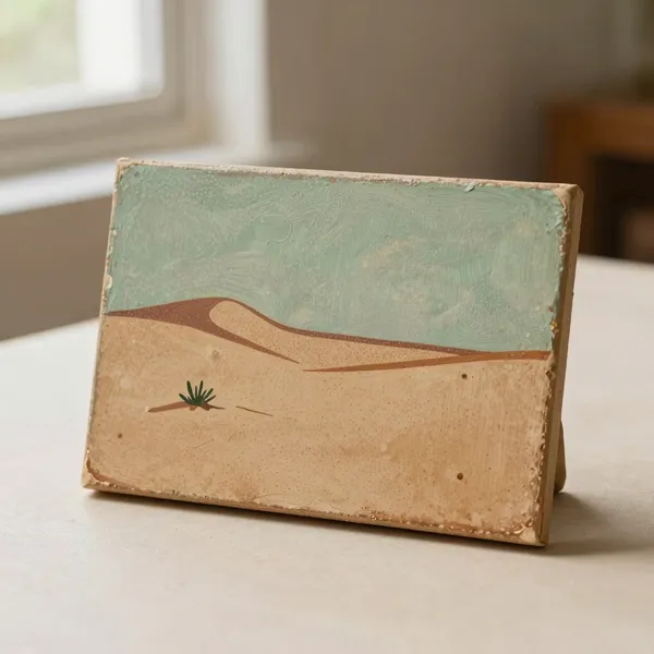 Illustrative: a small 1970s Western Desert painted board with fine dotting and ochre tones