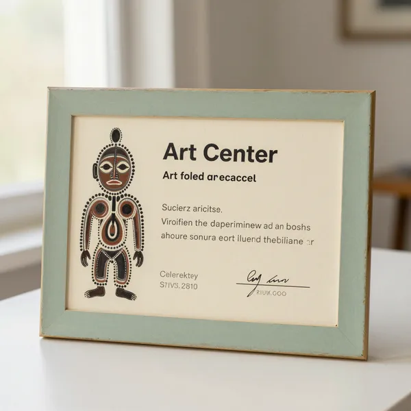 Illustrative: a mid-career artist's acrylic dot painting with an art centre certificate