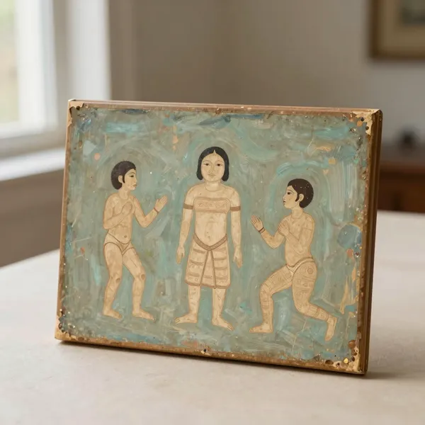 Illustrative: a mid-20th-century ochre-on-bark painting of a Dreaming subject