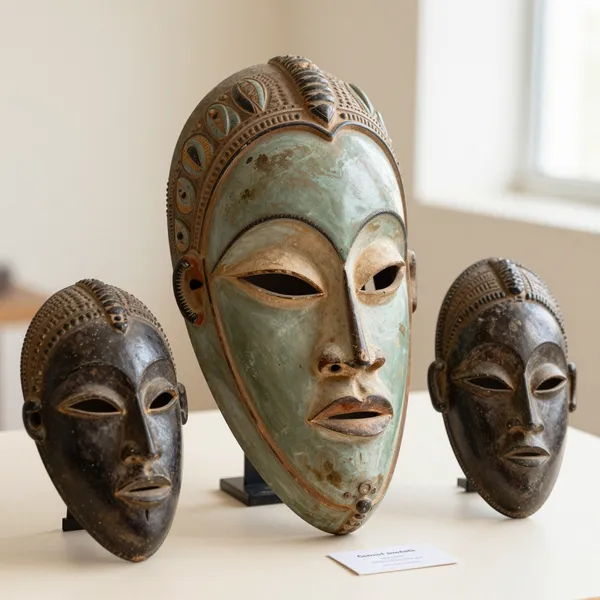 Illustrative: carved Baule portrait mask, Cote d'Ivoire, fine detailing with a collection label