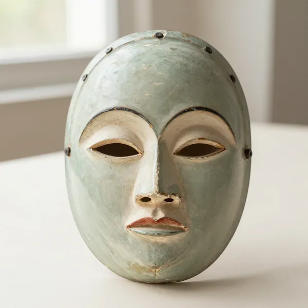 Illustrative: white-faced Punu maiden mask, Gabon, kaolin surface with ceremonial wear