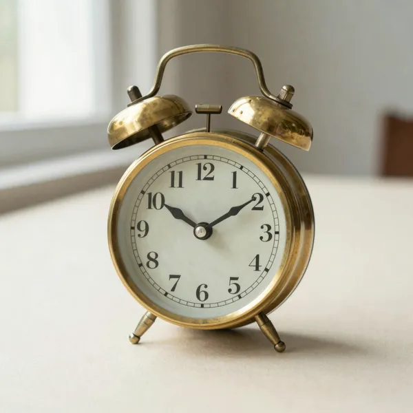 Illustrative: late 19th-century American brass bell alarm clock, original dial, working movement