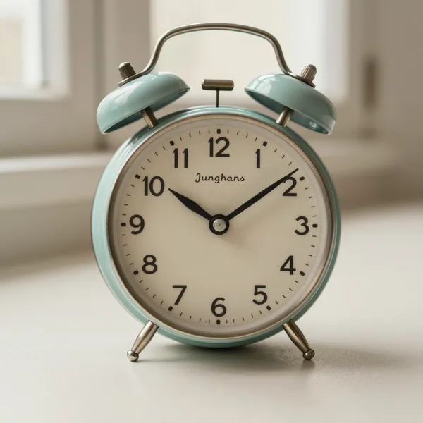 Illustrative: 1930s Junghans mechanical alarm clock, enamel case, running