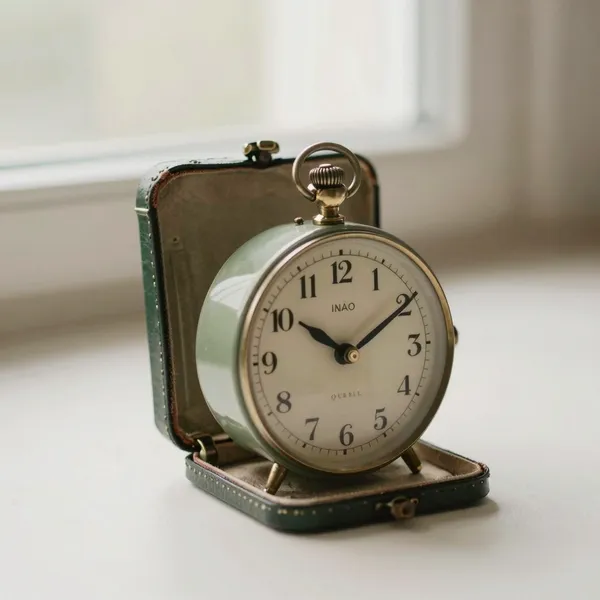 Illustrative: 1930s folding travel alarm clock in leather case, Swiss movement