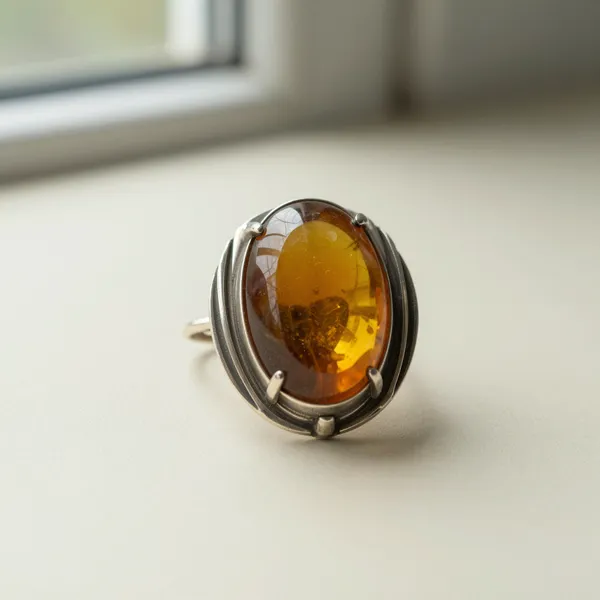 Illustrative: an Art Deco butterscotch amber brooch in a silver mount