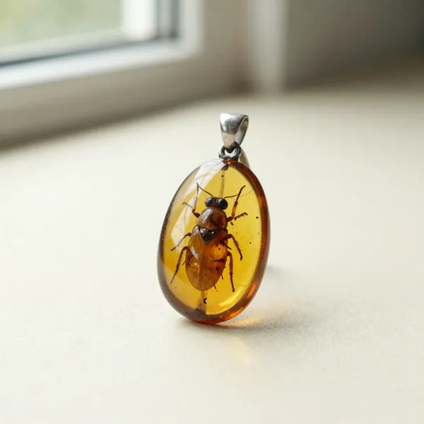 Illustrative: an amber pendant with a well-preserved insect inclusion