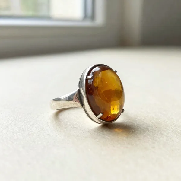 Illustrative: a mid-century cherry amber cabochon ring in hallmarked silver