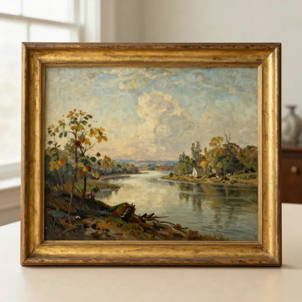 Illustrative: signed 19th-century Hudson River School river valley oil on canvas, period gilt frame