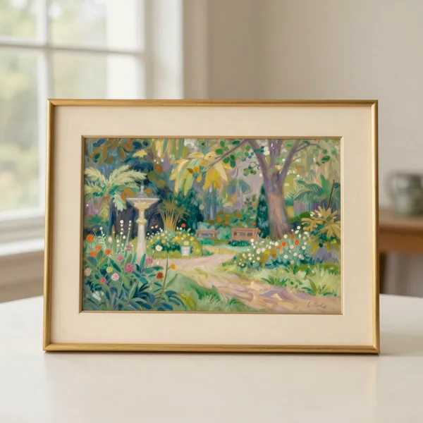 Illustrative: early 20th-century American Impressionist garden scene, signed lower right, original stretcher