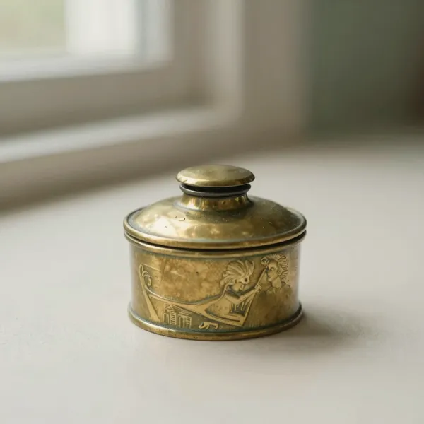 Illustrative: Late-Victorian figural brass inkwell with hinged lid