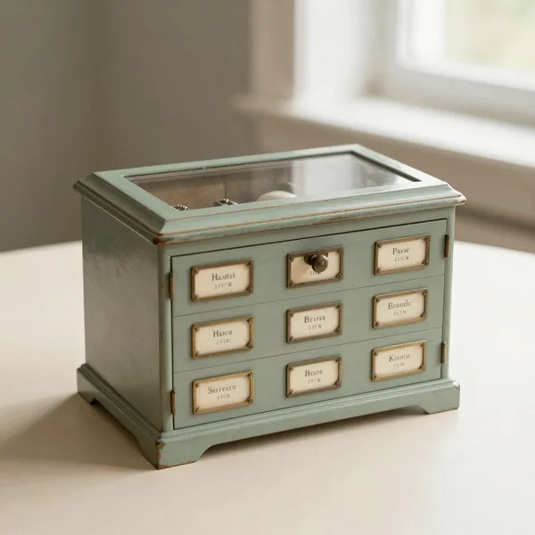 Illustrative: Victorian oak pharmacy chest with under-glass drug labels and gallery top