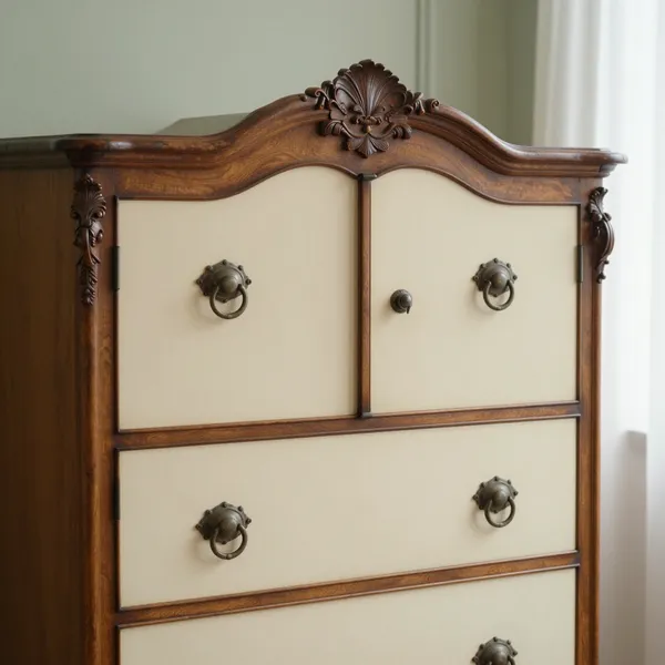 Illustrative: 19th-century Louis XV-style walnut armoire from Normandy, carved crest with original iron hardware
