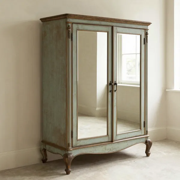 Illustrative: 19th-century Dutch oak armoire with beveled mirror doors and bombe base