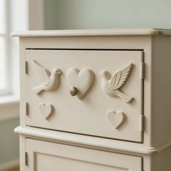 Illustrative: Breton marriage armoire carved with doves and hearts, original finish