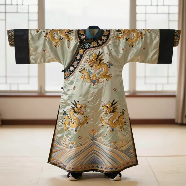 Illustrative: Qing dynasty embroidered silk dragon robe (jifu) with couched gold thread