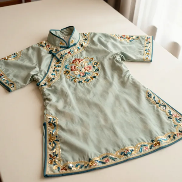 Illustrative: mid-20th-century Chinese opera costume with sequin and appliqué work