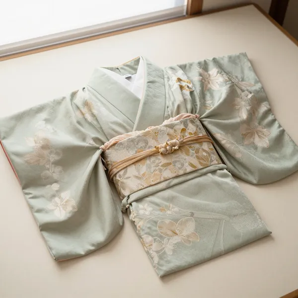Illustrative: early 20th-century uchikake wedding kimono in figured silk brocade