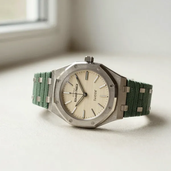 Illustrative: 1970s Royal Oak 'Jumbo' reference 5402 in steel, A-series, with original tapisserie dial and unpolished case