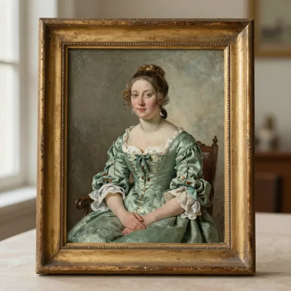 Illustrative: oil portrait of a seated woman, Austrian Biedermeier, circa 1835, period frame