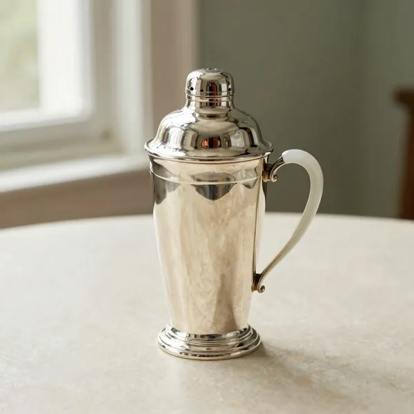 Illustrative: 1930s American Art Deco silver-plated cocktail shaker with a chrome body and Bakelite handle