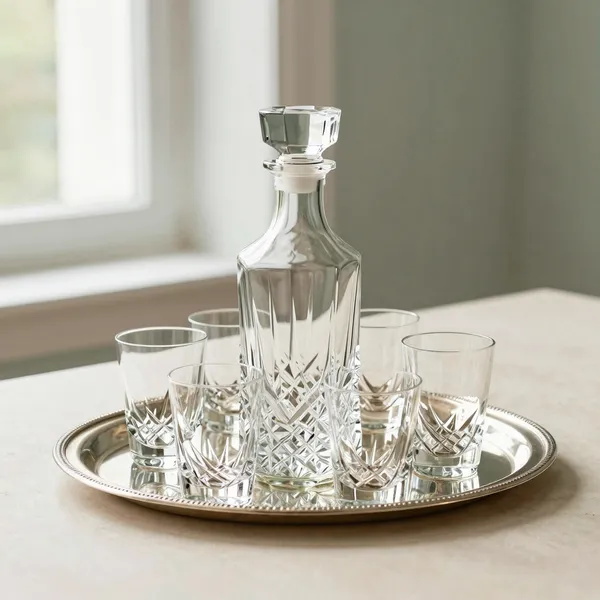 Illustrative: cut-crystal decanter with six matching glasses on a silver-plated tray