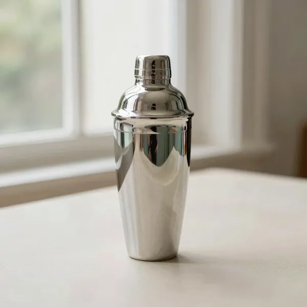 Illustrative: figural chrome cocktail shaker in a skyscraper or bell form from the 1930s