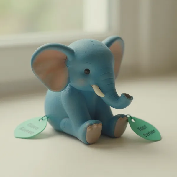 Illustrative: first generation royal blue Peanut the elephant with mint tags