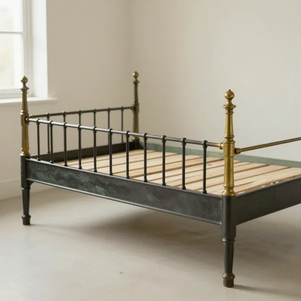 Illustrative: cast iron and brass bedstead, c.1900, three-quarter size with original finials