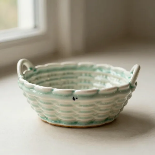 Illustrative: An early Belleek bone china piece with a black factory mark, woven basket form