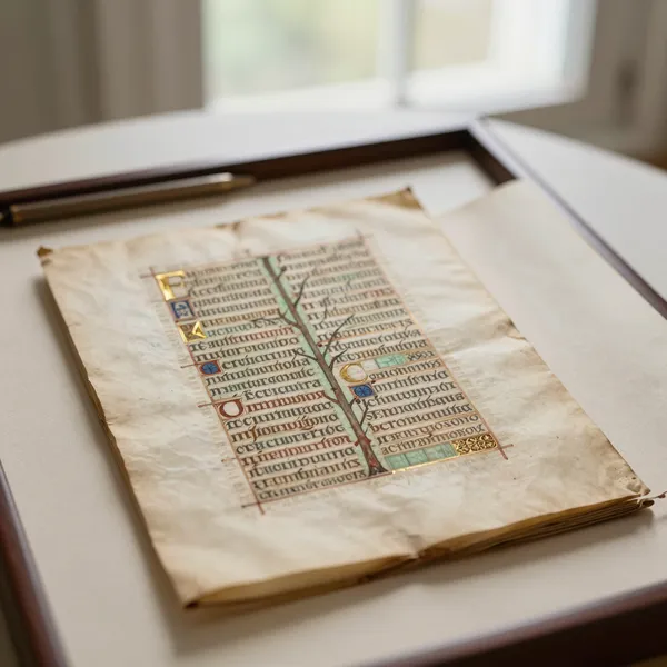 Illustrative: a single medieval illuminated manuscript leaf on vellum, gilt initials, framed