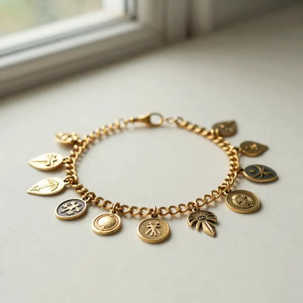 Illustrative: 9ct gold curb-link charm bracelet with fifteen assorted charms, mid-20th century