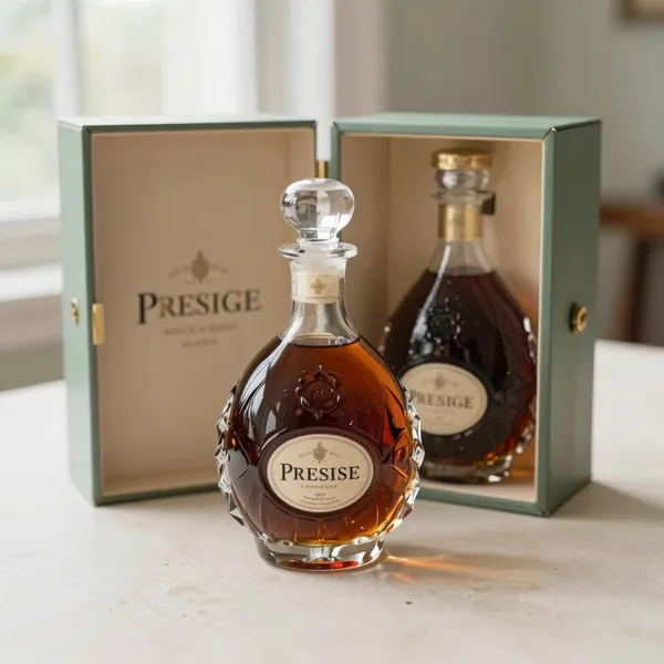 Illustrative: an unopened prestige cognac in a crystal decanter with original stopper and presentation box