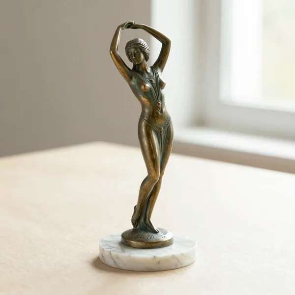 Illustrative: an Art Deco dancer on a marble base, signed at the foot