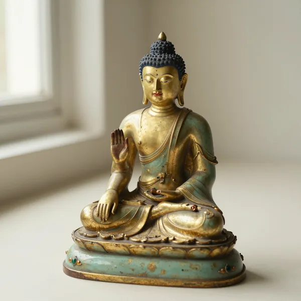 Illustrative: 19th-century Burmese lacquered and gilt carved-wood seated Buddha