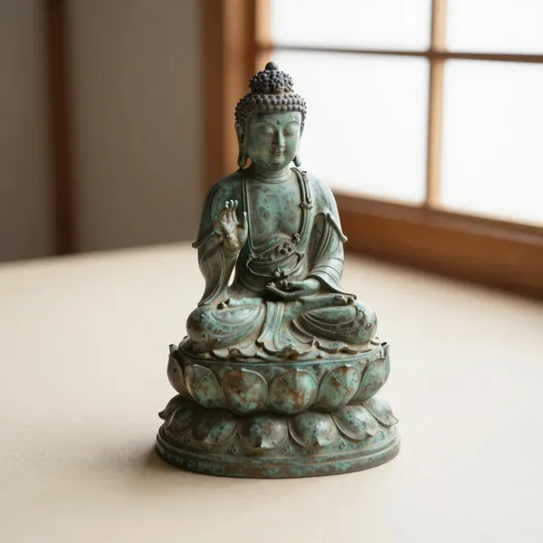 Illustrative: Meiji-period Japanese bronze Amida Buddha on lotus base