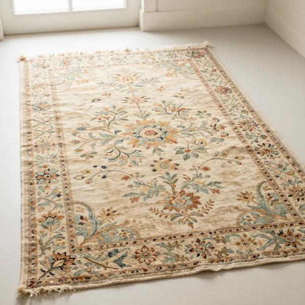 Illustrative: 19th-century French Aubusson flat tapestry carpet, floral cartouche, some fading and reweaving
