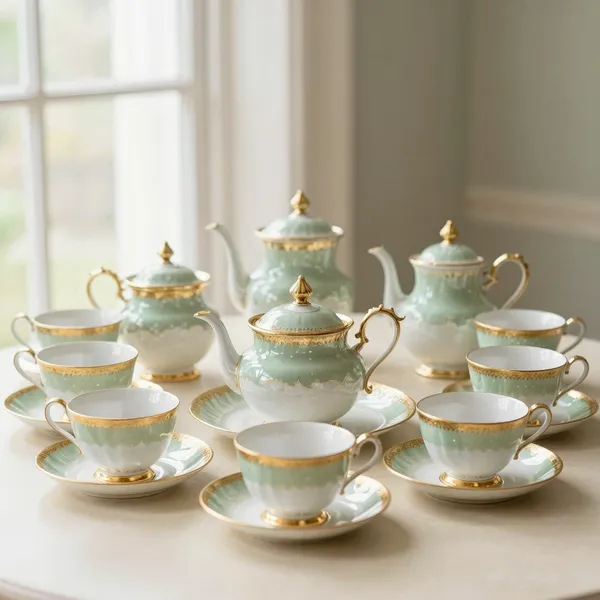 Illustrative: early 20th-century English bone china tea service for twelve, hand-gilded, complete and undamaged