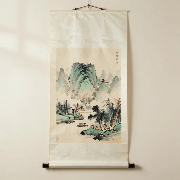 Illustrative: late Qing hanging scroll, ink landscape on paper, with artist seal and colophon