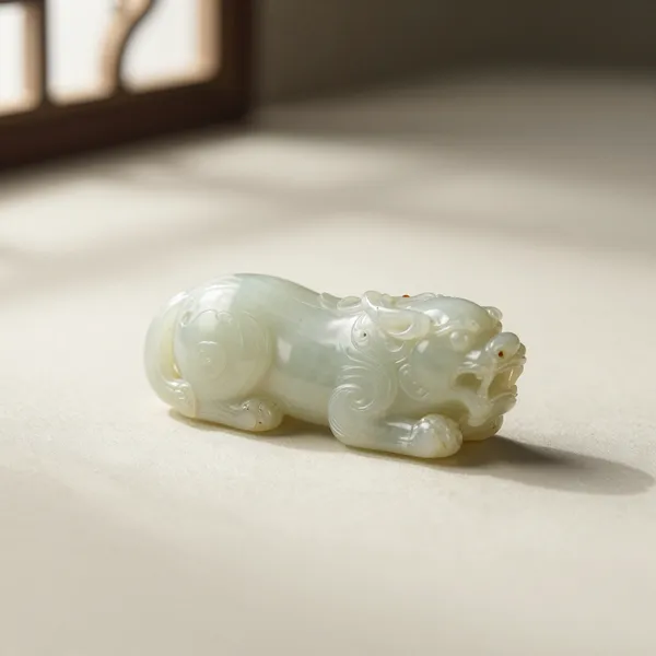 Illustrative: Qing-period carved white jade pendant of a recumbent beast