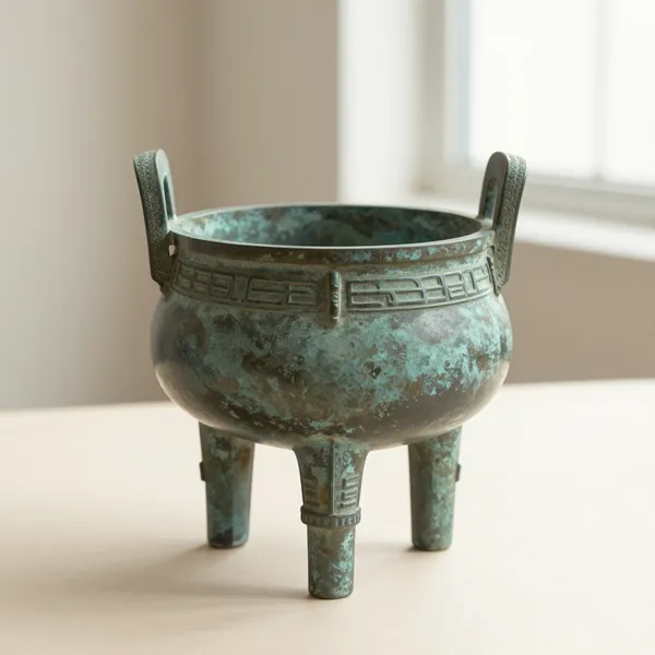 Illustrative: 19th century archaic-style bronze tripod censer with two handles