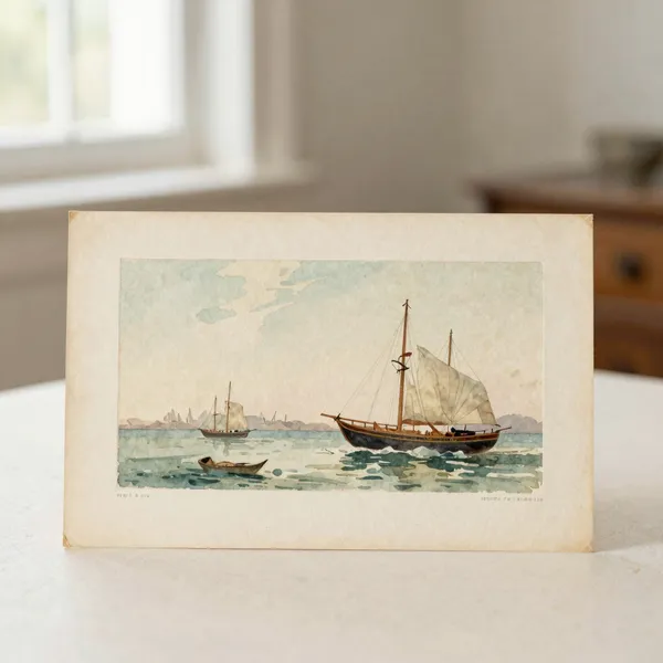 Illustrative: Victorian watercolour marine scene, light foxing