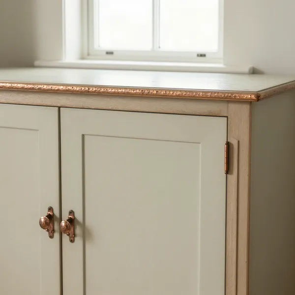 Illustrative: early 20th-century English Arts and Crafts oak sideboard with hammered copper fittings