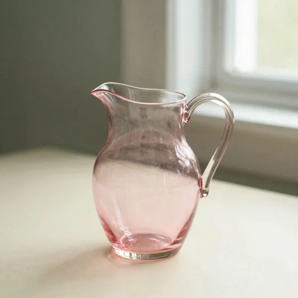 Illustrative: 1930s pink Depression-glass pitcher in a recognized pattern