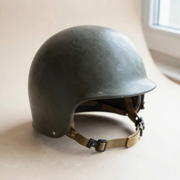 Illustrative: A WWII US M1 helmet retaining its original liner and chinstrap, honest field wear