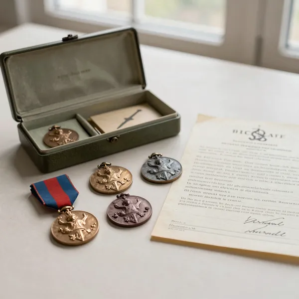 Illustrative: A boxed WWI service medal group with original ribbons and accompanying discharge paperwork