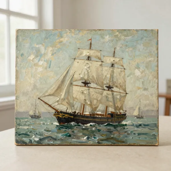 Illustrative: late-19th-century marine scene with sailing vessels, oil on board, signed, with minor surface grime